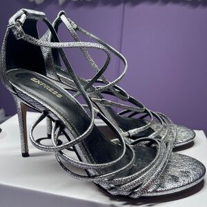 Express Metallic Silver Strappy Heels